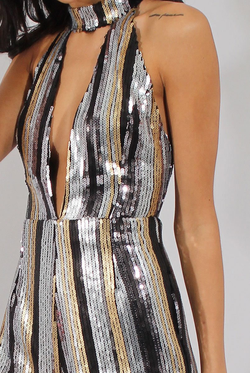 Silver & Gold Sequin Plunge Playsuit - Sisley-Playsuits