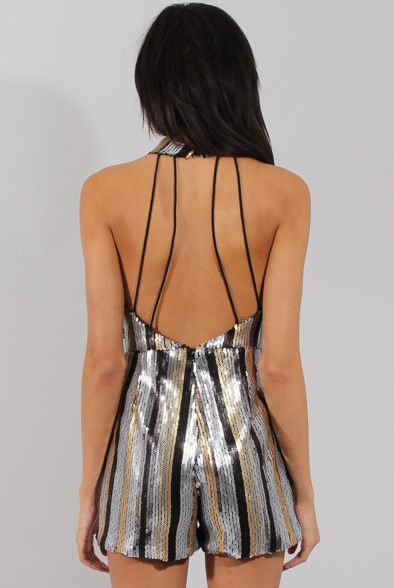 Silver & Gold Sequin Plunge Playsuit - Sisley-Playsuits