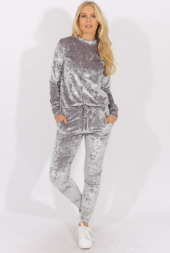 Silver Grey Crushed Velvet Tracksuit - Romy