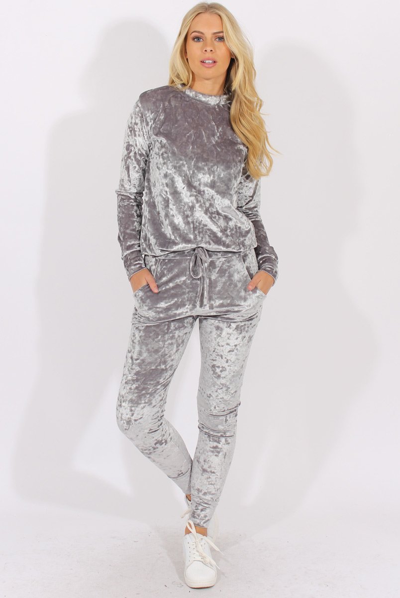 Silver Grey Crushed Velvet Tracksuit - Romy-Tracksuits