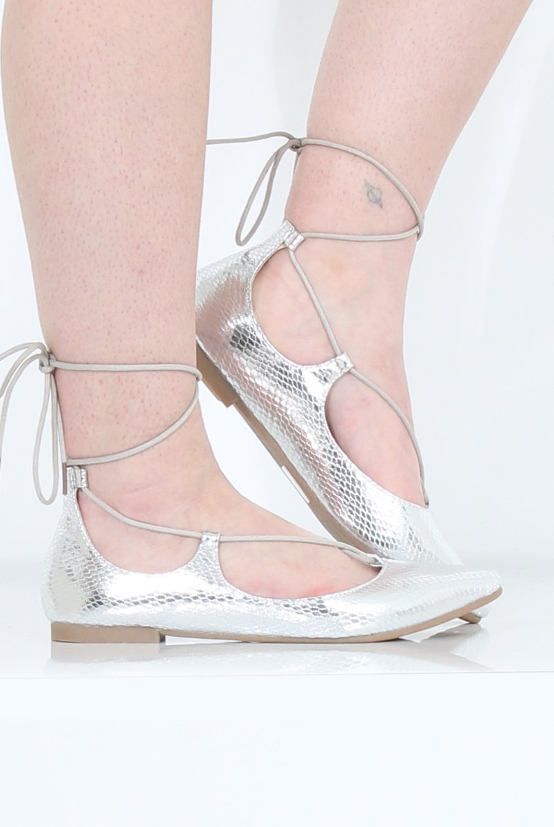 Silver Lace Up Flats - Nina-Shoes