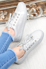 Silver Lace Up Glitter Trainers - Siarra-Trainers