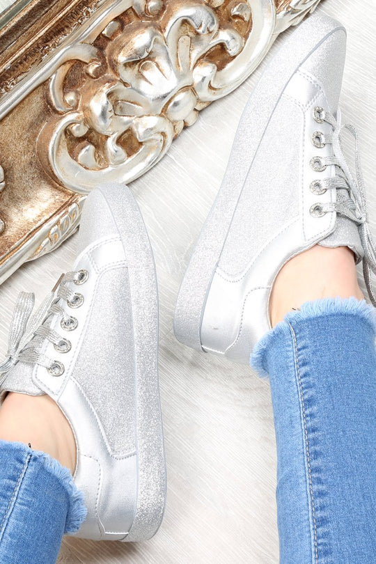 Silver Lace Up Glitter Trainers - Siarra