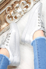 Silver Lace Up Glitter Trainers - Siarra-Trainers
