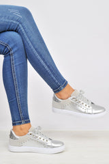 Silver Lace Up Studded Trainers - Danaly-Trainers