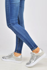 Silver Lace Up Studded Trainers - Danaly-Trainers