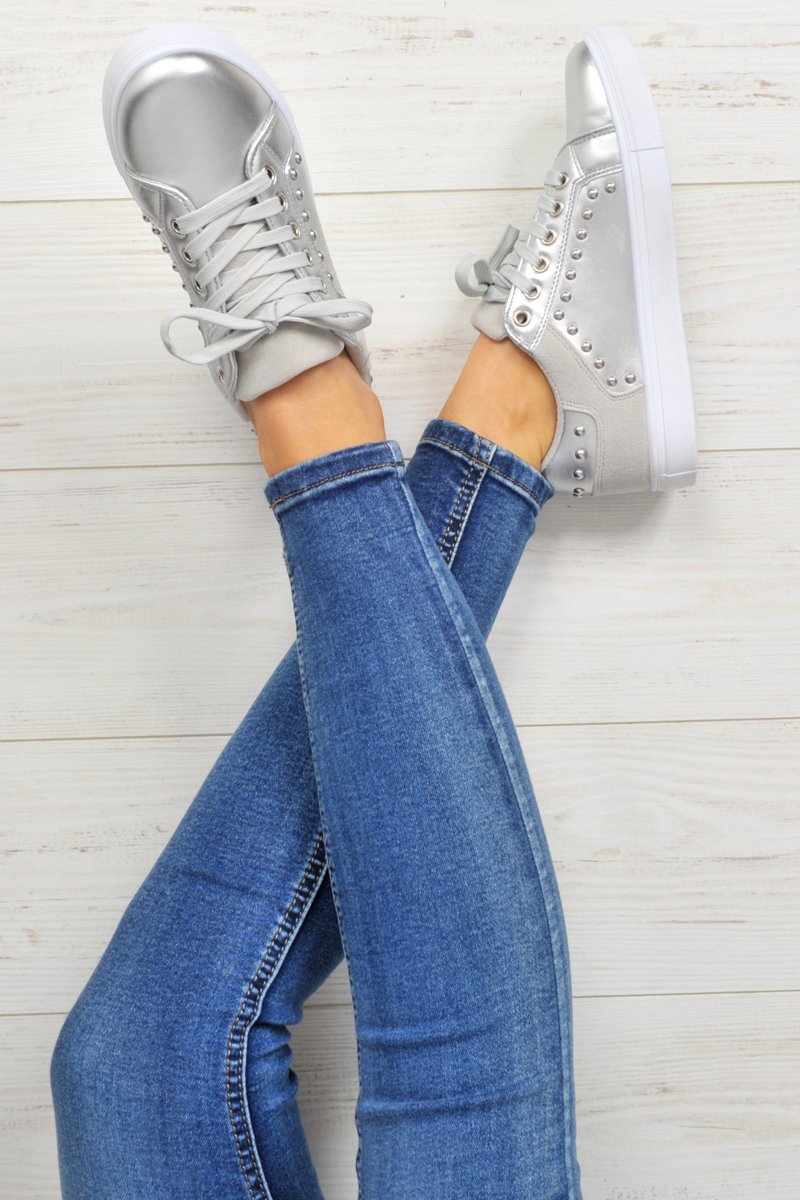 Silver Lace Up Studded Trainers - Danaly-Trainers