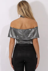 Silver Metallic Bardot Choker Bodysuit - Ofelia-Bodysuits