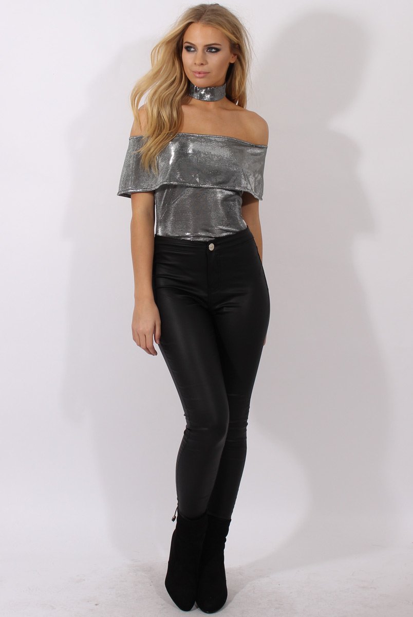 Silver Metallic Bardot Choker Bodysuit - Ofelia-Bodysuits