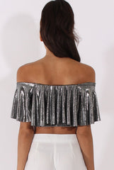 Silver Metallic Bardot Frill Crop Top - Ariana-Crop Tops