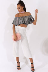 Silver Metallic Bardot Frill Crop Top - Ariana-Crop Tops