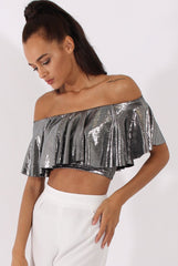 Silver Metallic Bardot Frill Crop Top - Ariana-Crop Tops