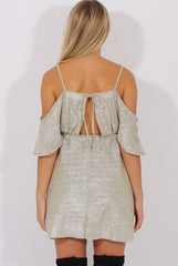 Silver Metallic Cold Shoulder Tie Back Dress - Fern-Dresses