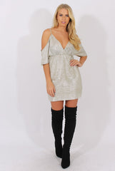 Silver Metallic Cold Shoulder Tie Back Dress - Fern-Dresses