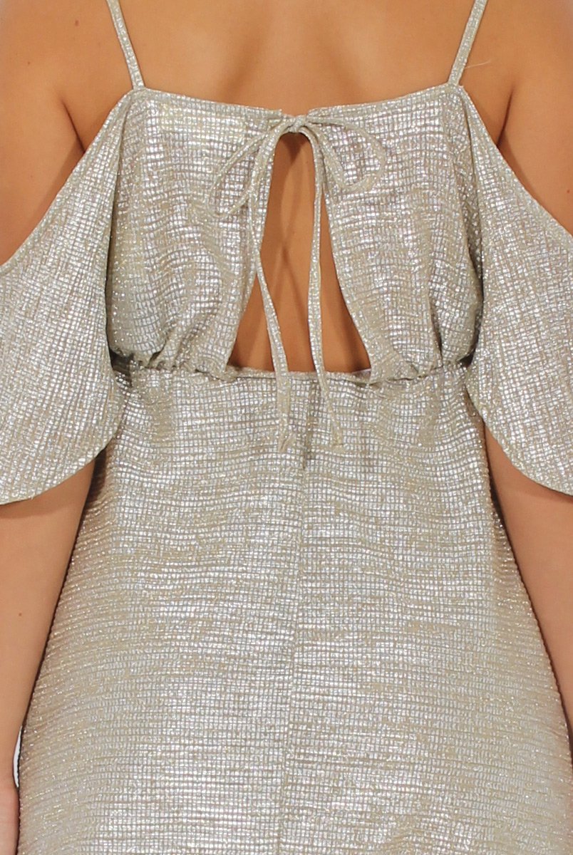 Silver Metallic Cold Shoulder Tie Back Dress - Fern-Dresses