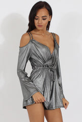 Silver Metallic Cold Shoulder Wrap Playsuit - Shanna-Playsuits