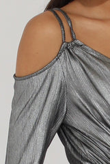 Silver Metallic Cold Shoulder Wrap Playsuit - Shanna-Playsuits