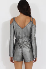 Silver Metallic Cold Shoulder Wrap Playsuit - Shanna-Playsuits