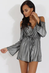 Silver Metallic Cold Shoulder Wrap Playsuit - Shanna-Playsuits