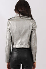 Silver Metallic Cropped Biker Jacket - Bianca-Jackets