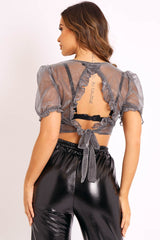 Silver Metallic Finish Tie Back Crop Top - Cymone-Crop Tops