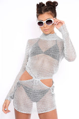 Silver Metallic Knitted Cut Out Gathered Front Dress - Idah-Dresses