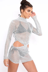Silver Metallic Knitted Cut Out Gathered Front Dress - Idah-Dresses