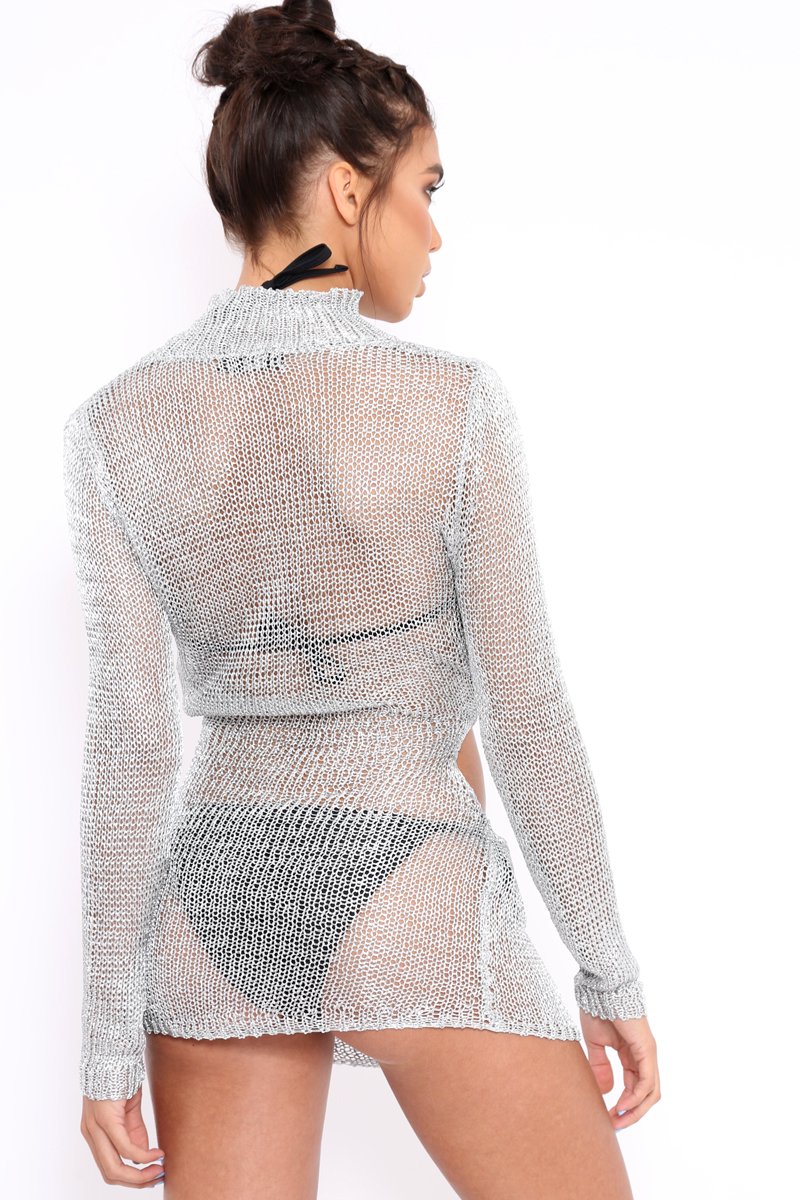 Silver Metallic Knitted Cut Out Gathered Front Dress - Idah-Dresses