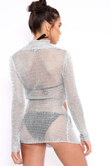 Silver Metallic Knitted Cut Out Gathered Front Dress - Idah-Dresses