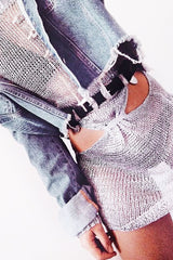 Silver Metallic Knitted Cut Out Gathered Front Dress - Idah-Dresses