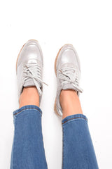 Silver Metallic Lace Up Chunky Espadrille Trainers - Emmarie-Trainers