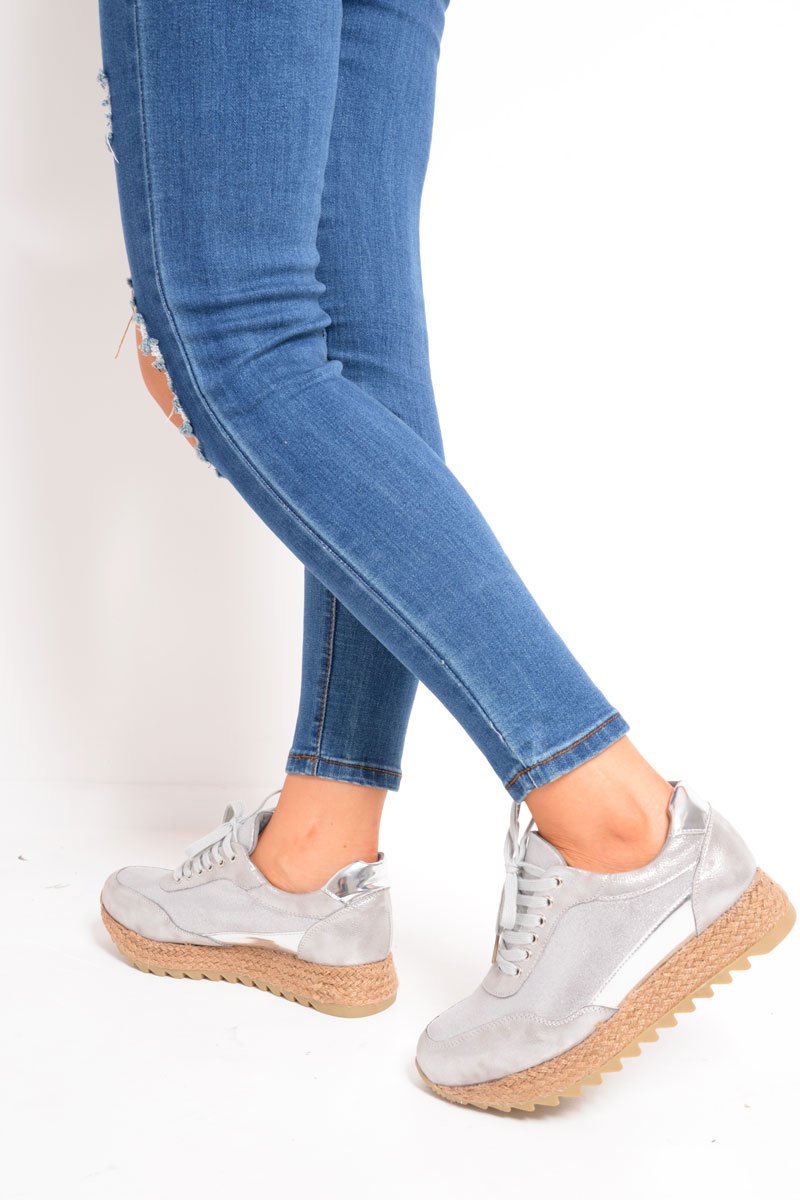 Silver Metallic Lace Up Chunky Espadrille Trainers - Emmarie-Trainers