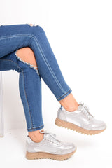 Silver Metallic Lace Up Chunky Espadrille Trainers - Emmarie-Trainers