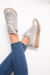 Silver Metallic Lace Up Chunky Espadrille Trainers - Emmarie-Trainers