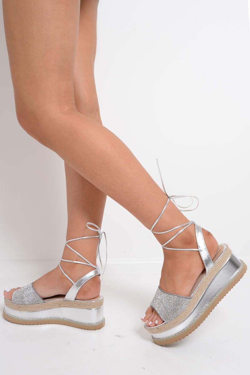 Silver Metallic Lace Up Diamante Wedges - Olivier-Wedges