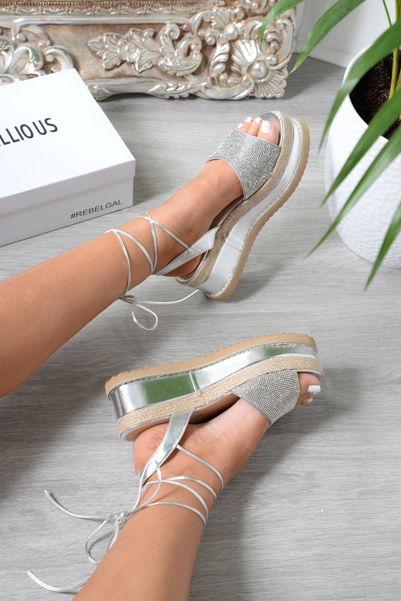 Silver Metallic Lace Up Diamante Wedges - Olivier-Wedges