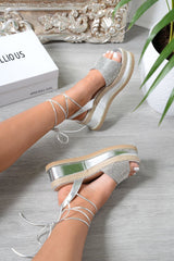 Silver Metallic Lace Up Diamante Wedges - Olivier-Wedges