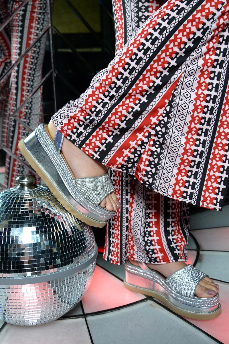 Silver Metallic Lace Up Diamante Wedges - Olivier-Wedges