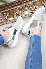 Silver Metallic Lace Up Trainers - Kenly-Trainers