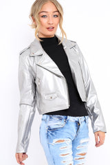 Silver Metallic Leather Jacket - Adrienne-Jackets