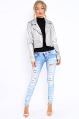 Silver Metallic Leather Jacket - Adrienne-Jackets
