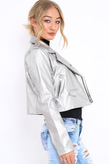 Silver Metallic Leather Jacket - Adrienne-Jackets