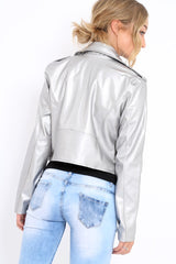 Silver Metallic Leather Jacket - Adrienne-Jackets
