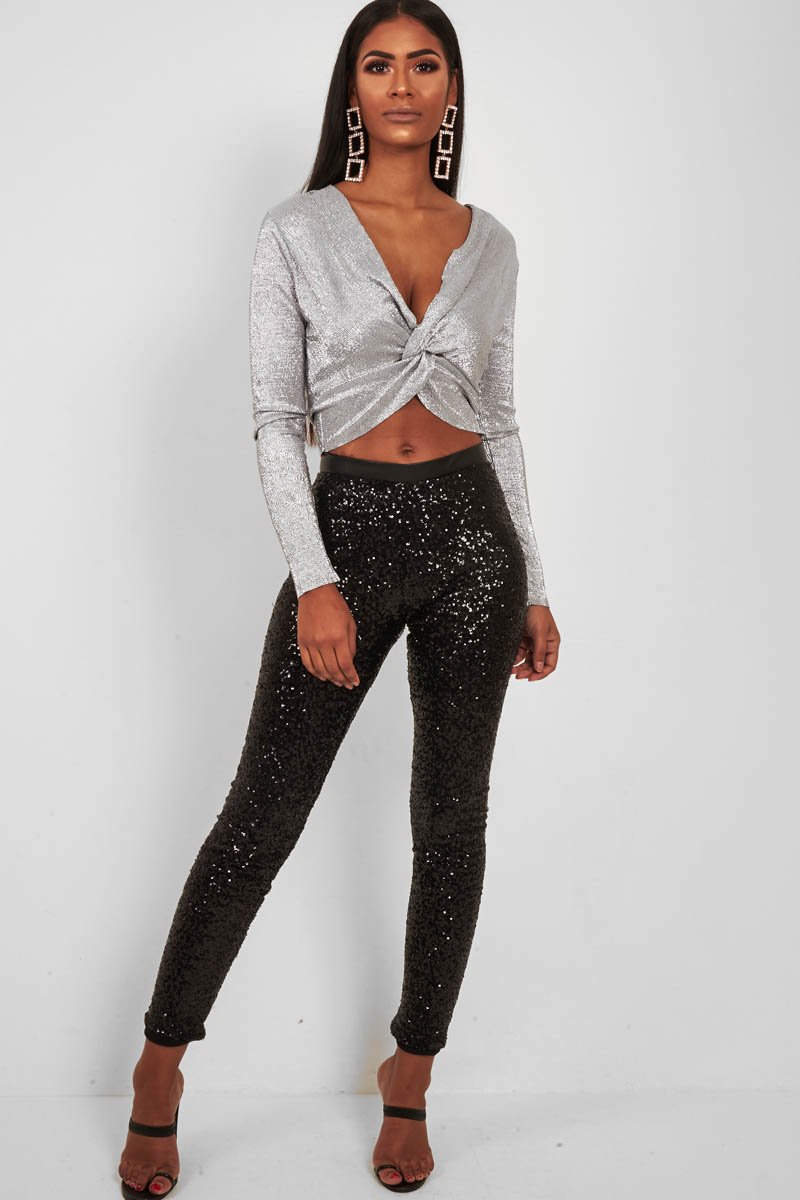 Silver Metallic Long Sleeved Plunge Crop Top - Eevie-Crop Tops