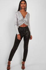 Silver Metallic Long Sleeved Plunge Crop Top - Eevie-Crop Tops