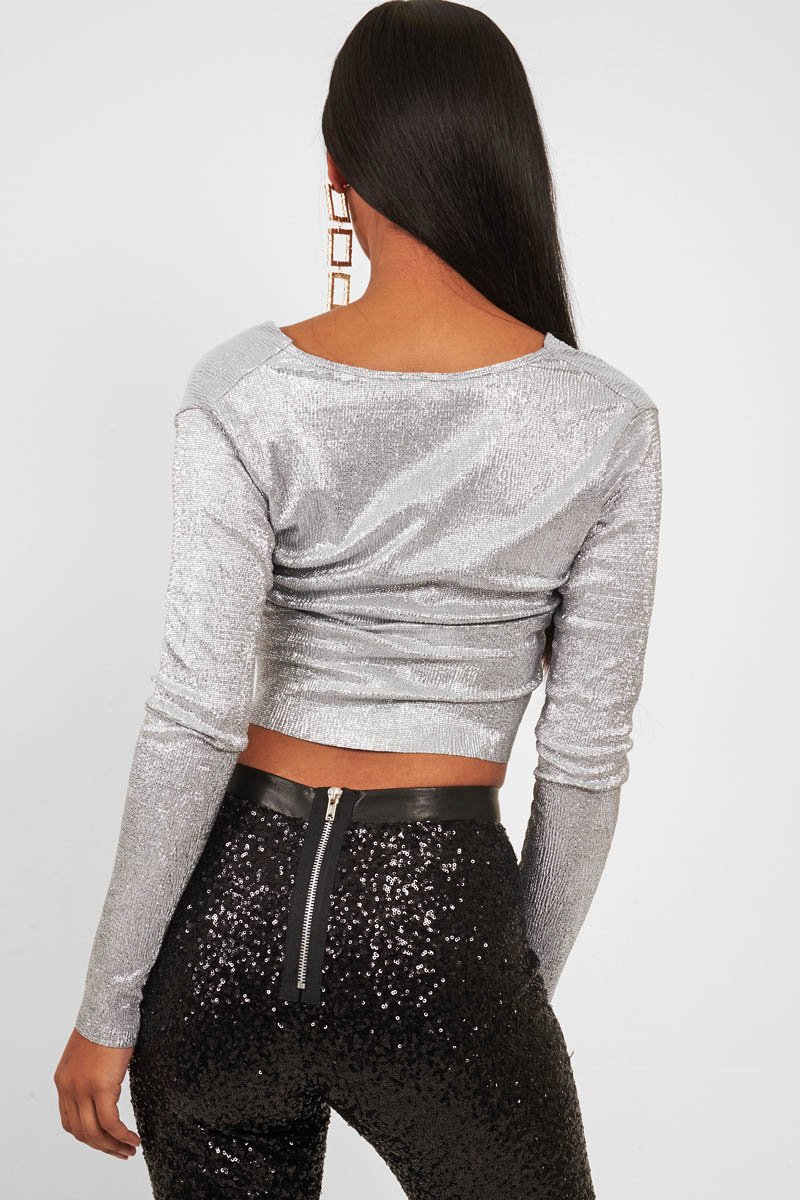 Silver Metallic Long Sleeved Plunge Crop Top - Eevie-Crop Tops