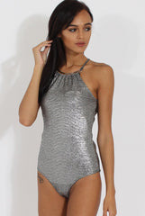 Silver Metallic Necklet Detail Bodysuit - Marilyn-Bodysuits