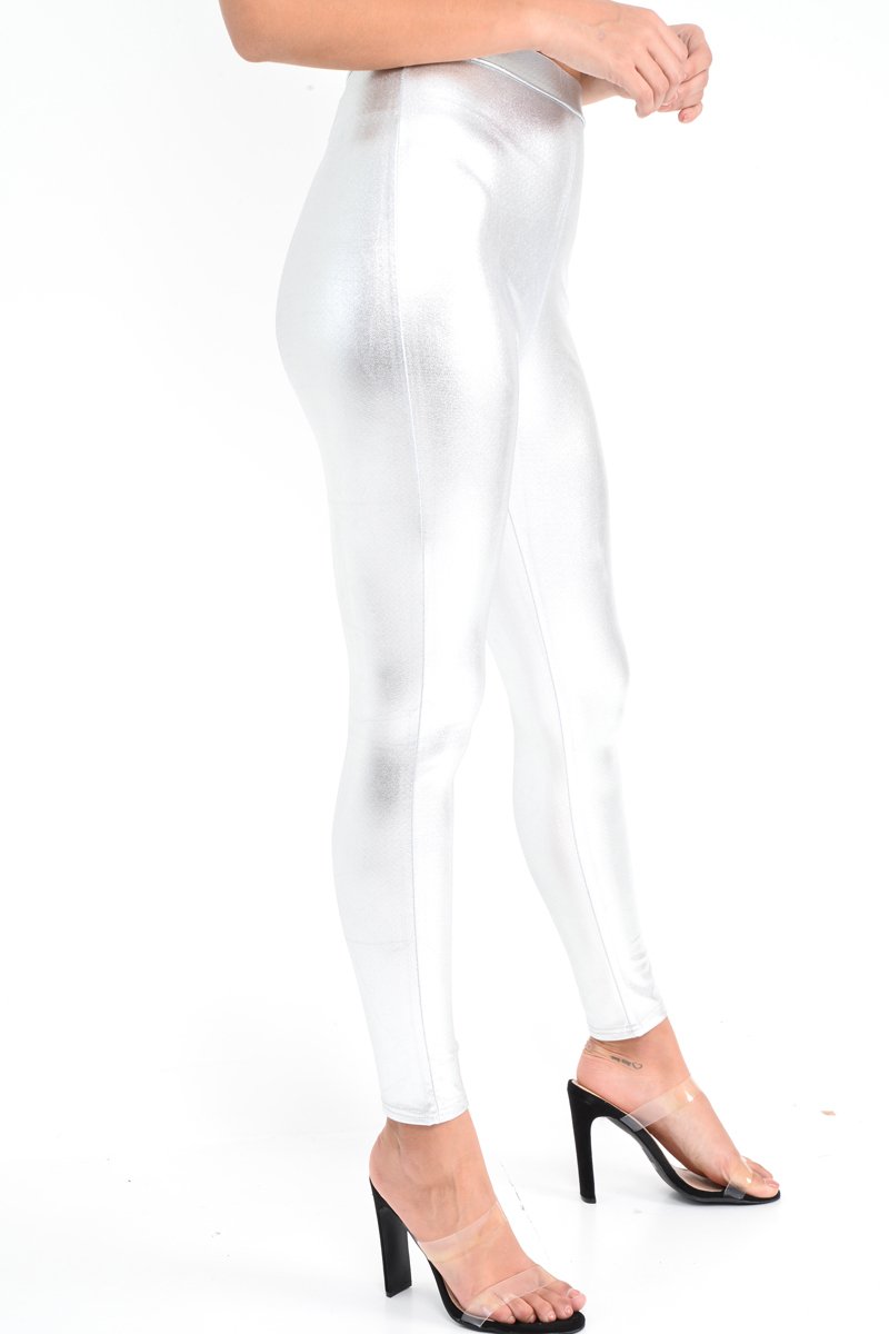 Silver Metallic PU Leggings - Rio-Trousers
