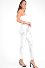 Silver Metallic PU Leggings - Rio-Trousers