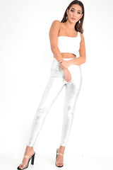 Silver Metallic PU Leggings - Rio-Trousers